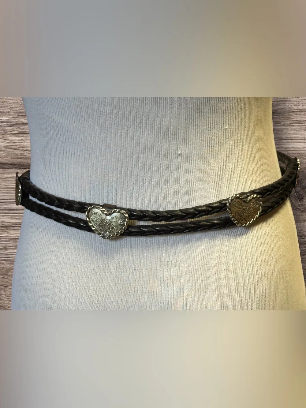 Vintage Brighton Black Leather Belt with Silver Heart accents SZ 30